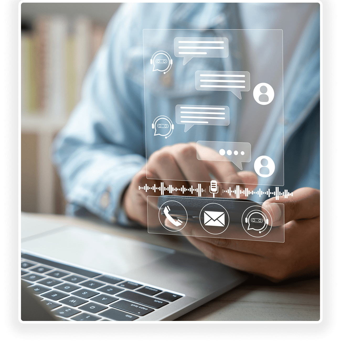 Man using smartphone with digital communication icons.